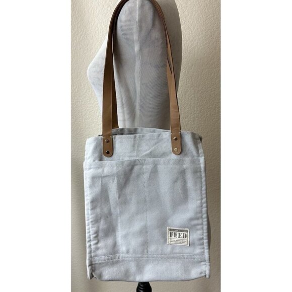 Feed Tote Bag Canvas Glacier Grey Tan Leather Gold Hardware Handbag No Closure - Picture 7 of 12